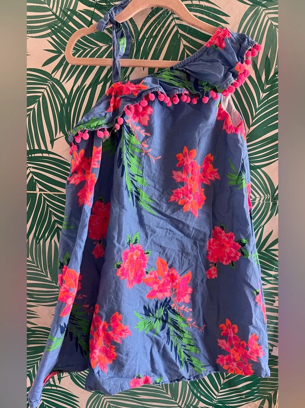 Tommy Bahama Blue & bright pink Tropical Pom-Pom Sundress w/ tie shoulder Sz 7
